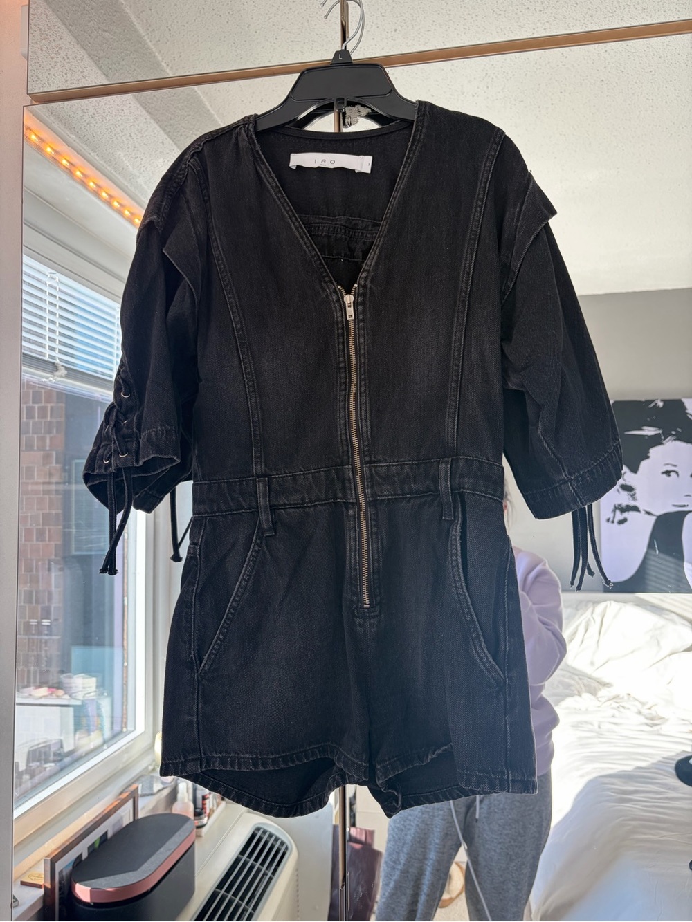 IRO Paris Black Denim Zip-Front Romper